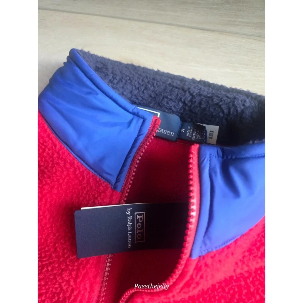 Polo Ralph Lauren Mens USA Fleece Pullover Medium Red Sherpa 1/4 Zip Sweatshirt